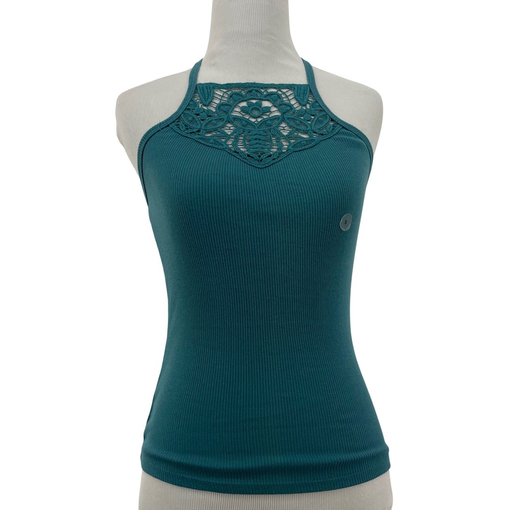 Aeropostale Size Small Fitted Tank Top‎ Teal Ribbed Halter Crochet Lace Boho